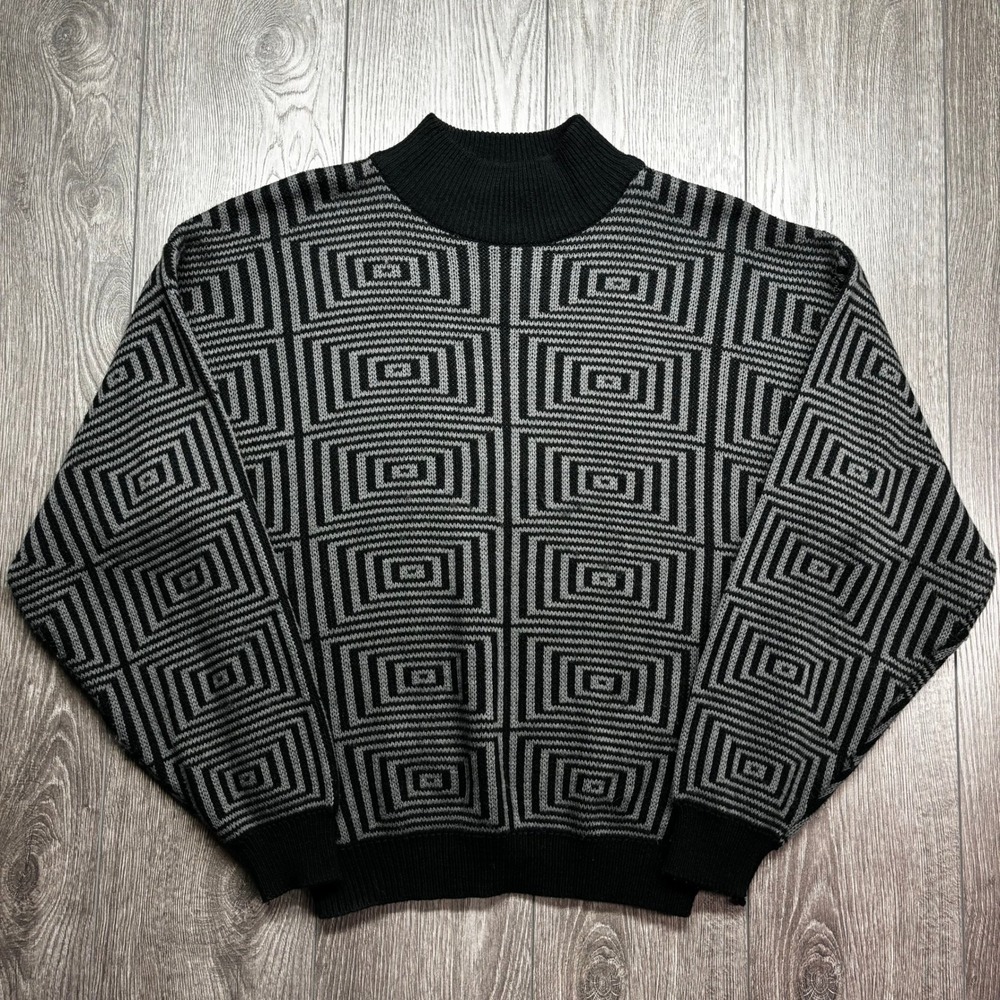 Vintage Chauvin Mens Large Black Grey Geometric Square Knit Mock Neck Sweater L